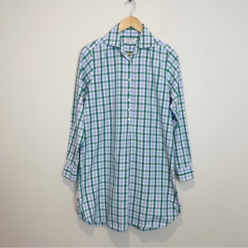 FLATS by Jan Niemi Plaid Popover Collared Tunic Dress Blue Green Size Medium